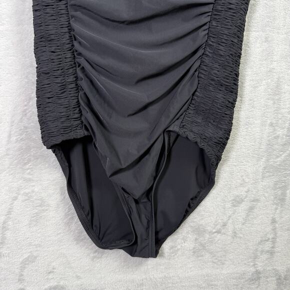 DKNY One Piece Swimsuit Women's 10 Black Scrunch Slim Sides V Neck Tie Halter - Picture 3 of 11
